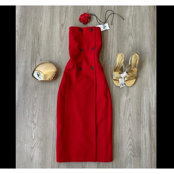 ZARA Red Midi Dress with Front Slit NWT Strapless Sizes S–M - Picture 15 of 16
